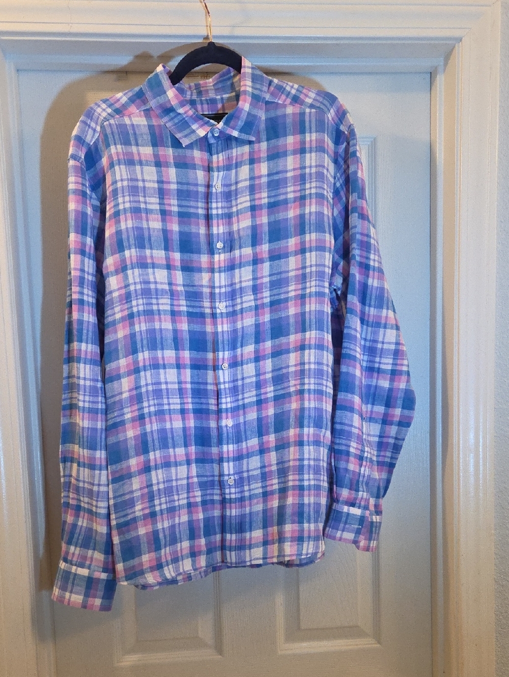 Men's Vineyard Vines 100% Linen Blue & Pink Button Down Shirt Coastal Size L